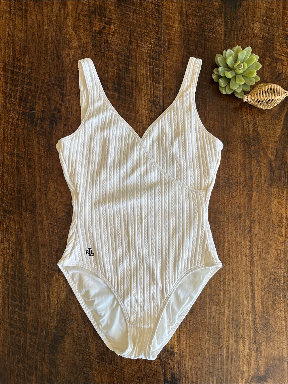 Lauren Ralph Lauren | VTG White Preppy Cable Knit One Piece Swimsuit, Size 12